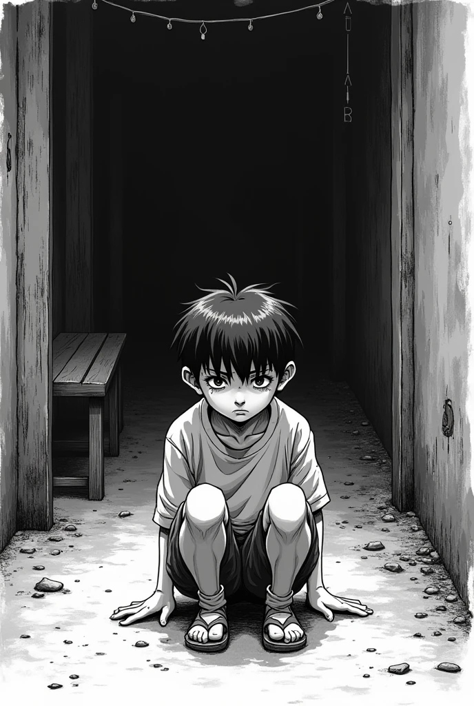 make a black and white manga art, about a lonely boy