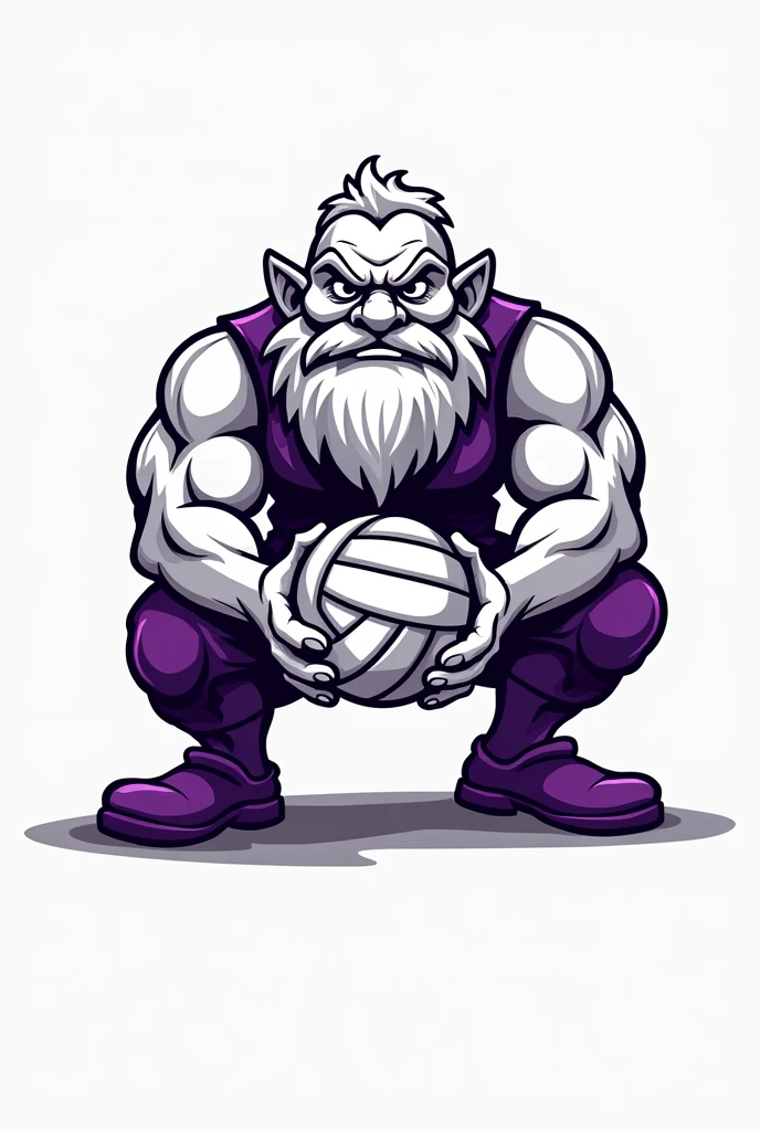Create a morale boosting logo for my volleyball team using the colors purple and white, make a squatting dwarf with a volleyball in the logo