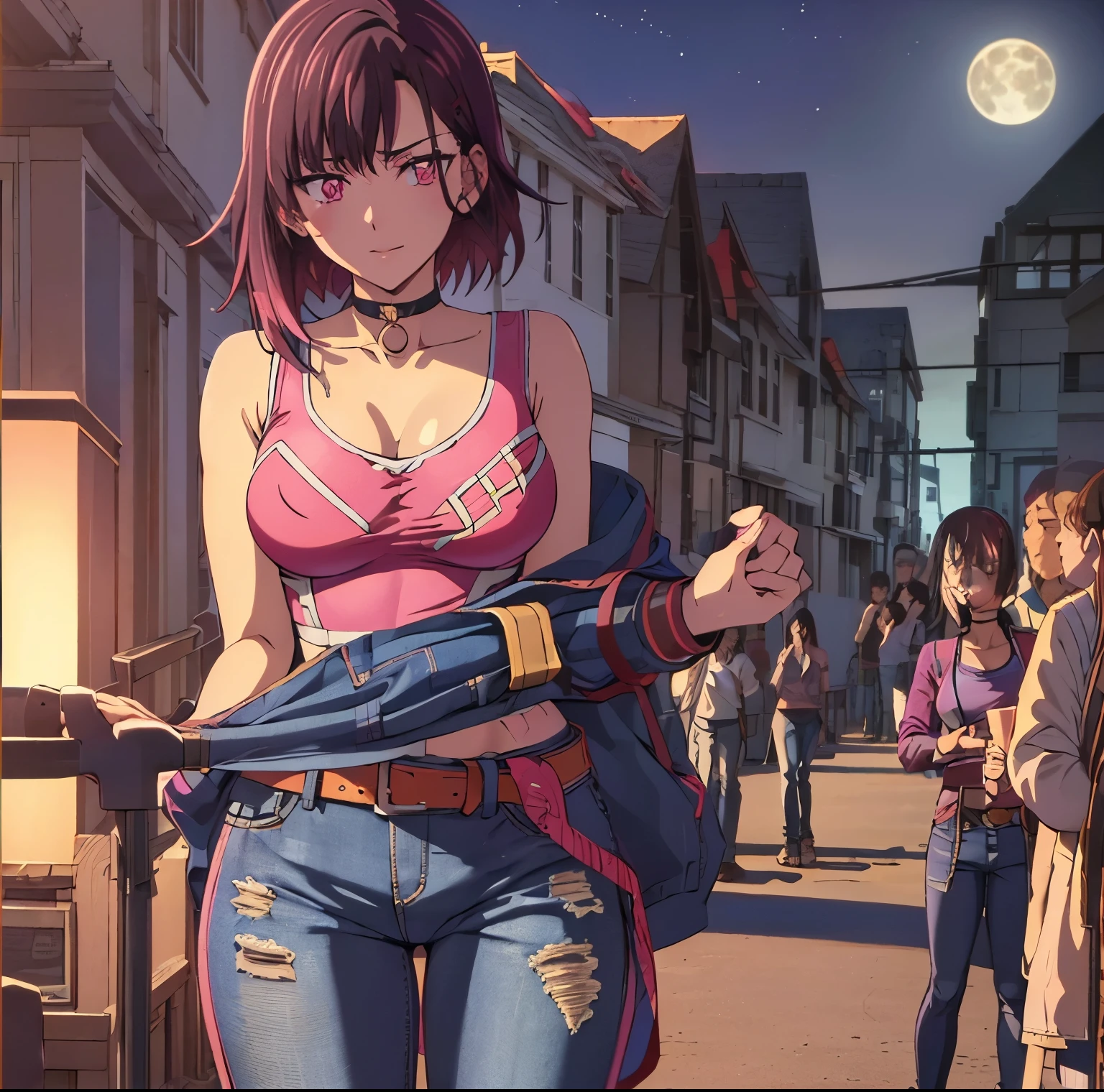 ((1girl)),((alone)),shizuka mikazuki, (zom 100),(masterpiece), (best quality), (ultra detailed), (best illustration), (best shadow), (absurdities), focus sharp, cowboy photo, atmospheric perspective, depth of field, dynamic posture facing viewer, medium breasts, narrow waist, wide hips, wide thighs, round butt, erotic, romantic, (highly detailed eyes, 1.1 lips), highly detailed eyes , eyes, Very detailed face, Very pretty face, Symmetrical face, Aesthetic face, perfect face, perfect eyes, detailed eyelashes: 1.5), full height, beautiful slender figure, femininity, expressive appearance, elastic medium breasts, sexuality, parted lips, short hair, purple hair, hair ornament, hairpin, (pink eyes: 1.5), swept bangs, ((neckline:1.4)), collarbone, jewelry:1.3, ring, ((jeans:1.4)), ( (tight pants:1.3)), bracelet, ((choker:1.3)), jeans, fake nails, pink nails, shirt, ((black camisole:1.4)), ear piercing, ((belt:1.2)), nail polish, beaded bracelet, beads, black choker, hand on hip, curves, defined body, perfect and beautiful body, perfect and beautiful, closed mouth, serious expression, smile, blush, (sexy pose: 1.2), (( alone)), standing: 1.3, ((exterior, streets, city, night, landscape urban,city lights, buildings,moon)), looking forward,((focus on breasts:1.4)), point of view:(from Middle), perfect anatomy, perfect hands