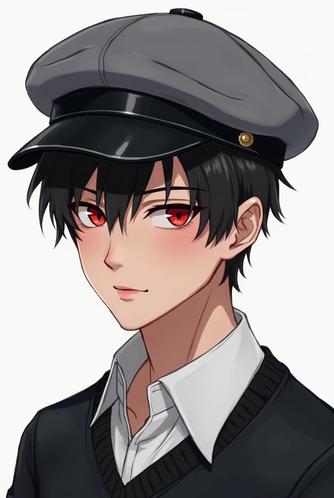 Generates a named Michael, that measures 1,57, be thin, have crimson eyes, medium skin, slightly long black hair, and have a uniform of an academy made up of, A white sack, a black sweatshirt, and a grey hat, that he has thin lips like his nose, defined eyes and slightly square chin