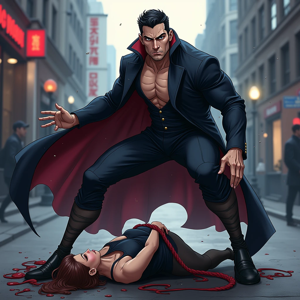 anime art, marvel art, a 40 year old hot male vampire, fit body, wearing tight suit and sheer transparent black socks, big bulge, sweaty, stomping his feet on the face of a lying woman in the street