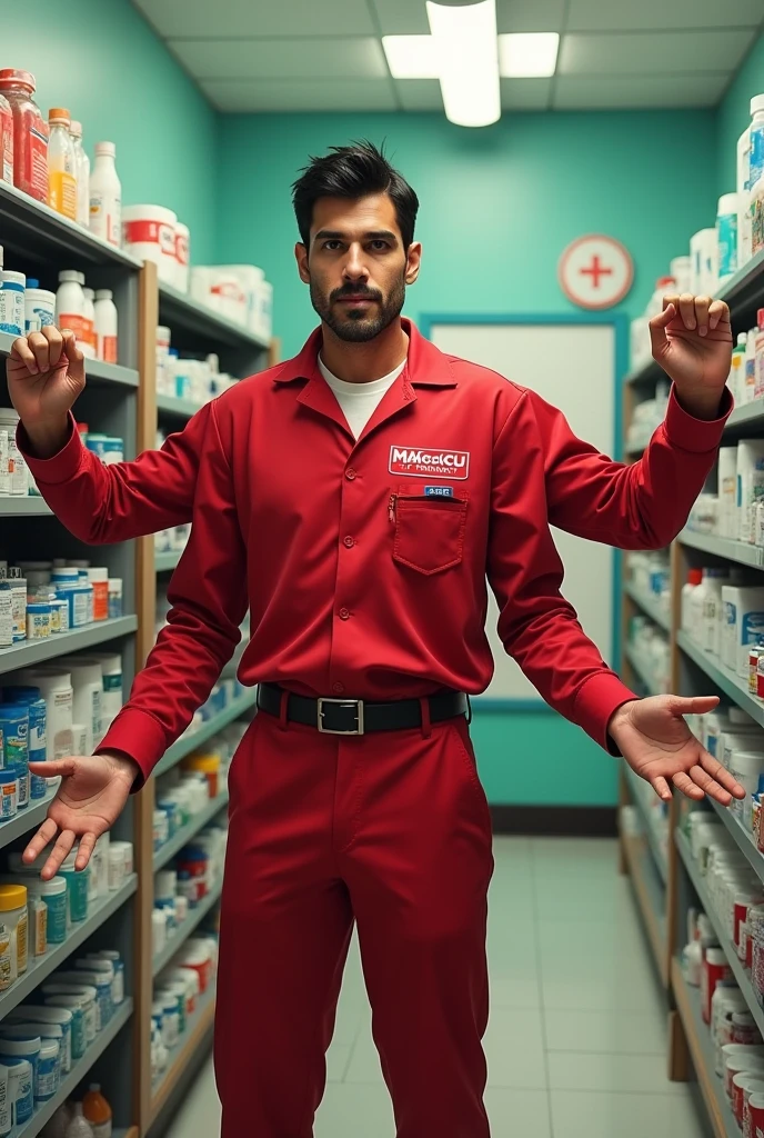 Brazilian man, Baba, husband, robotnik, pharmacy, House, roupa vermelha de pharmacy vermelha da drogaria macacu, multiple arms to solve everything black hair white