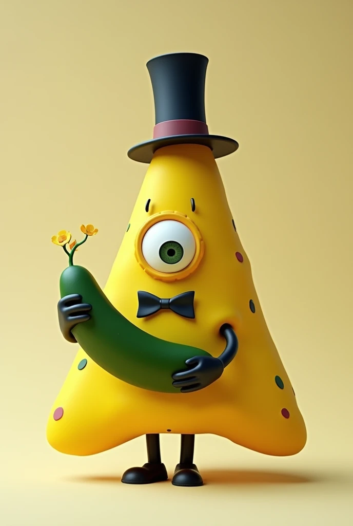 yellow triangle with eye, top hat, bowtie and black limbs holding a cucumber