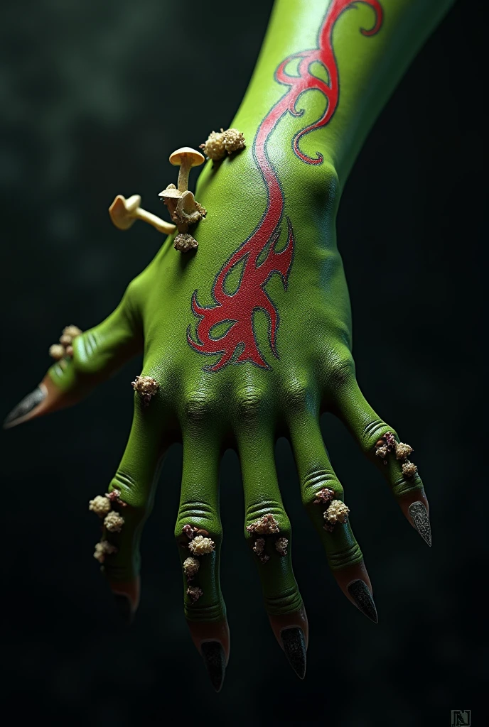 A close-up of a green goblin hand, with spores and mushrooms growing on it, showing off a long red flame-shaped tribal tattoo. The hand is highlighted, with realistic details and dramatic lighting to emphasize the character&#39;s mysterious atmosphere.