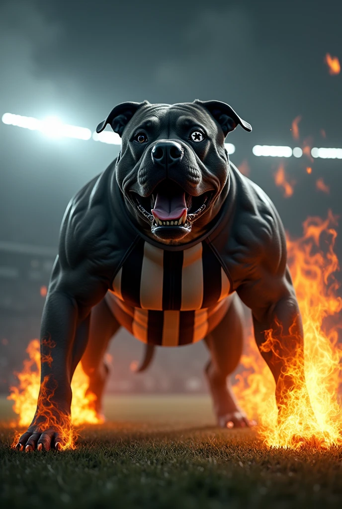 A large dark gray pitbull dog, very strong , brawny, very angry, around one of the dog's eyes a white star is tattooed. Fire comes out of one of the dog's paws. Flames of fire come out from behind the dog. The dog is wearing a shirt with alternating vertical black and white stripes.. Background of a football field at night , Void, grimdark. The pig is scared and crying.