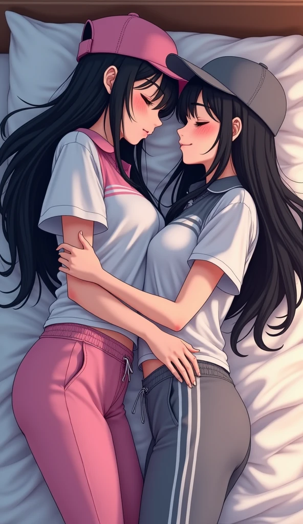 2 girls , bed,(Yukinoshita Yukino) , (Shizuku Hiratsuka , long hair) ,kiss , Drool,,check skirt,the skirt is rolled up, white panties ,light blue panties,