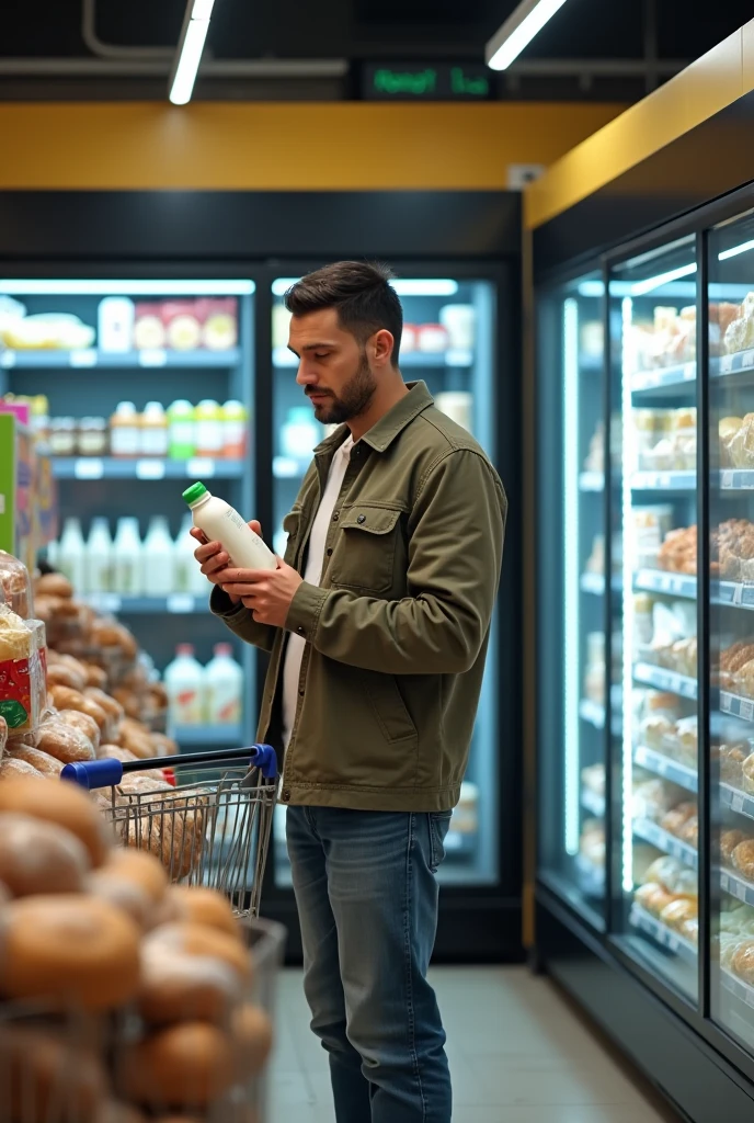 The photo shows a person standing in a supermarket aisle, holding a bottle of what appears to be a dairy product. They are facing a refrigerated section with various items on display. In the foreground, there is a shopping cart containing some items, including what looks like bread and possibly other groceries.