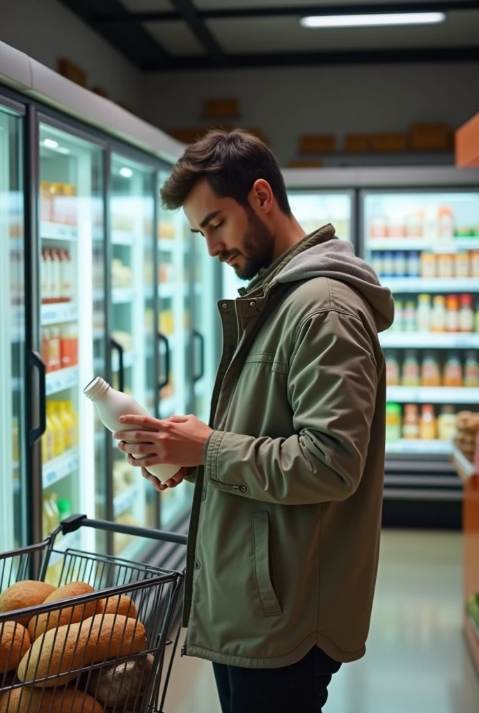 The photo shows a person standing in a supermarket aisle, holding a bottle of what appears to be a dairy product. They are facing a refrigerated section with various items on display. In the foreground, there is a shopping cart containing some items, including what looks like bread and possibly other groceries.