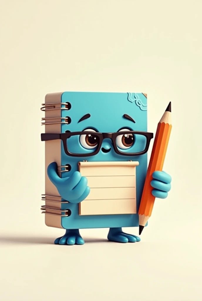 a notebook with little blue hands and feet with black glasses and holding an animated pencil