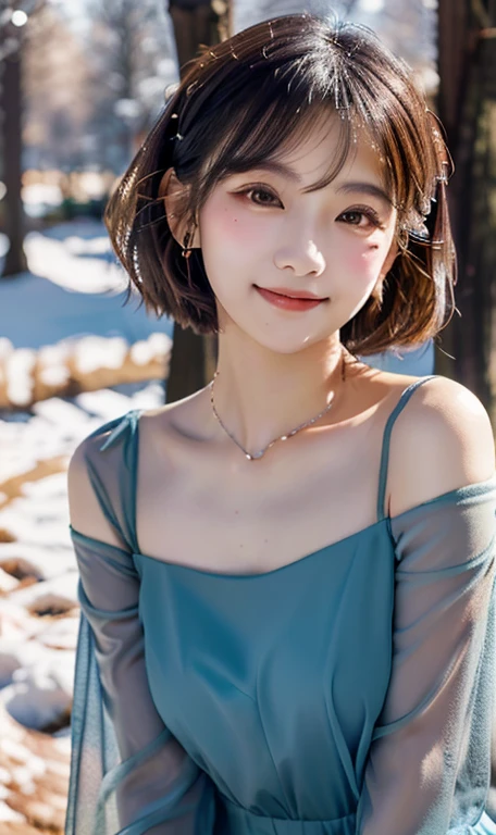 (A gorgeous lady, Korean, Japanese, Cute girl, fashion idol, short bob hair, wavy brown hair, ponytail, kind smile, beautiful detailed eyes, ((beautiful detailed face)), long eyelashes, beautiful detailed lip, dimpled cheeks, ample round bosom, natural pose, hands on hip, romantic night,
light off-the-shoulder, blue gown, floral lace, detailed bodice, sleeves, sweetheart neckline, sheer tulle-like fabric, delicate necklace, symmetrical design, elegant tiara,
masterpiece, photo-realistic, ultra-detailed, 8k, high resolution, portrait illustration, natural colors, bokeh, cowboy_shot, serene ambience, snowy outdoor, trees, SFW, safe for work)
