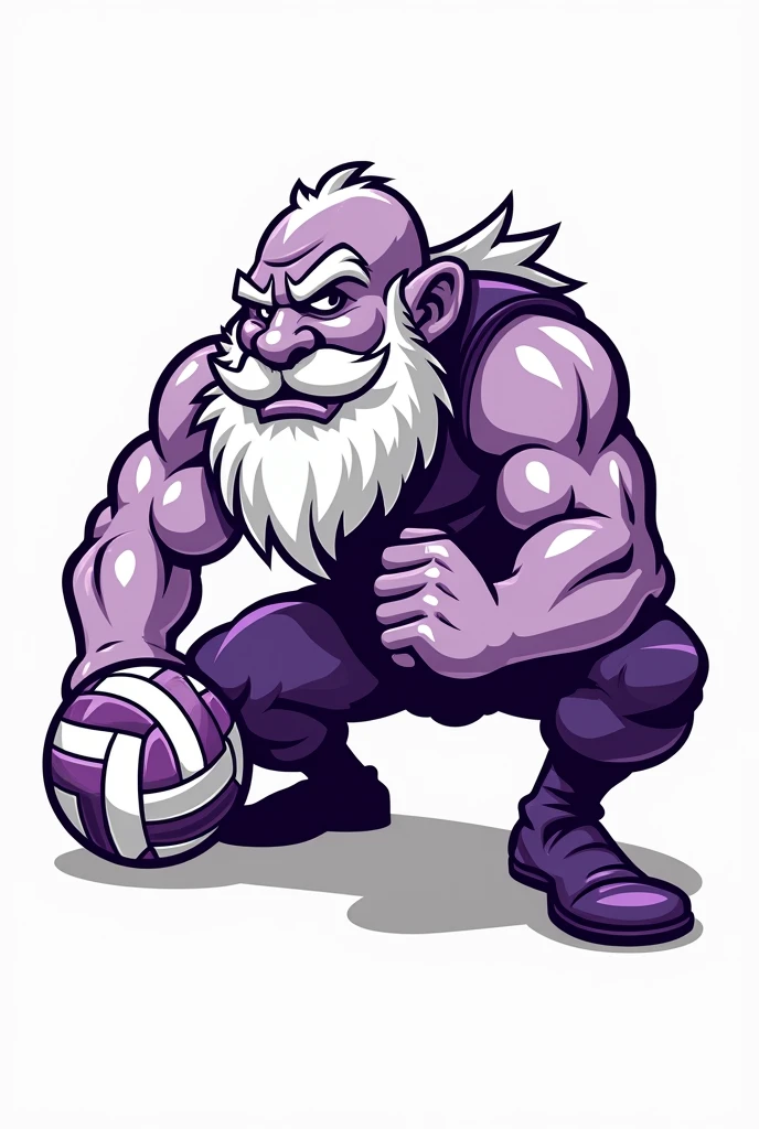 Create a morale boosting logo for my volleyball team using the colors purple and white, make a squatting dwarf with a volleyball in the logo