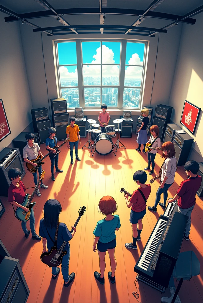 A panoramic view of a manga music rehearsal room