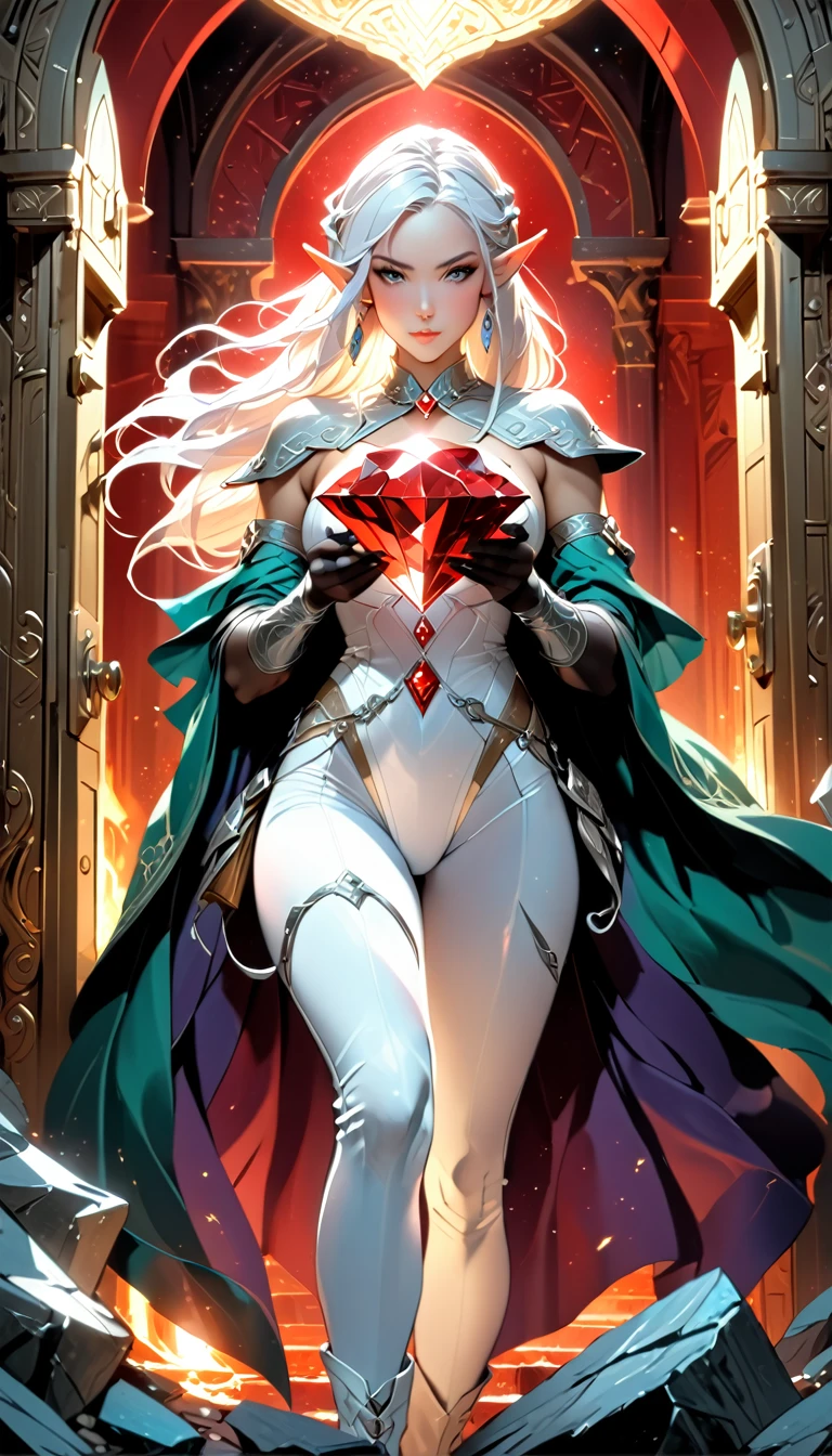 a fantasy epic illustration (Julie Bell style: 1.5)) of a drow elf thief holding a large diamond in a vault, a female drow  elf thief, (black skin: 1.5), black and color, full body, (small pointy ears), dynamic hair color, dynamic hair style,  ultra detailed face, wearing white leather leotard, white leather pants, busty, small cleavage, high heel boots, she is happy for reaching her goal, success, holding a large sized (red diamond: 1.3), brilliant diamond, many facets, many colors diamond, fantasy safe vault background, torchlight, vibrant, Ultra-high resolution, High Contrast, (masterpiece:1.5), highest quality, Best aesthetics), best details, best quality, highres, 16k, [ultra detailed], masterpiece, best quality, (extremely detailed) RAW, (ultra details, Masterpiece, best quality), art by mooncryptowow, Cinematic Shot