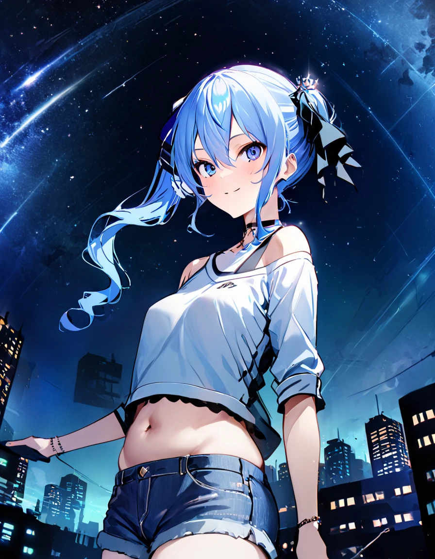 (8k、Best image quality、highest quality、masterpiece)、Detailed face、 1girl、Blue Hair、Long Hair、sideponytail、dark_blue_eyes、smile,(navel:0.8),Moderate_torso、small_breasts,((White T-shirt))、Off the shoulder、Black shoulder straps、(open_front_denim_short_shorts:1.2)、Cowboy Shot、Shoot from below、City Background, starry_sky_landscape ,hoshimachi suisei, skiny,(covered_nipples:0.3), (belly button:1.2),nihil,solo,stargaze,girl_looking_up_sky,(abs:0.6)