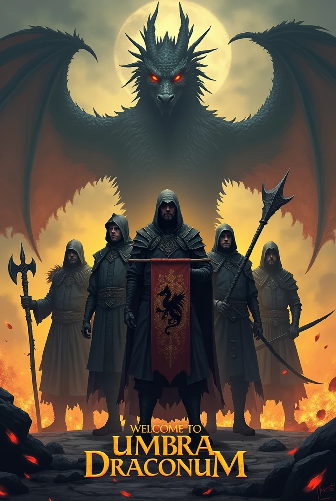Create me an image with a dark and gloomy tone for a guild cover.
1. Place at the bottom of the image the following text "Welcome to Umbra Draconum". Centered text, first smaller the "Welcome to" and underneath larger and more imposing the text "Umbra Draconum".
2. Place 7 warriors in the style of World of Warcraft or Albion Online, wearing dark clothes and weapons such as axes, swords, ice and fire mage staffs, spears, bows and staffs.
3. The warrior in the center will hold a banner, with a dark yellow flag and a dark red v-shaped line in the middle, and in the center place the logo of a full black dragon.
4. Place in the background flames coming out from the ground in shades of yellow and red, keeping that dark tone.
5. From the bottom of everything should emerge the shadow of a very imposing oriental dragon, this dragon should be seen in its entirety above the banner and the 7 warriors.
Do not omit the text, it is very important.