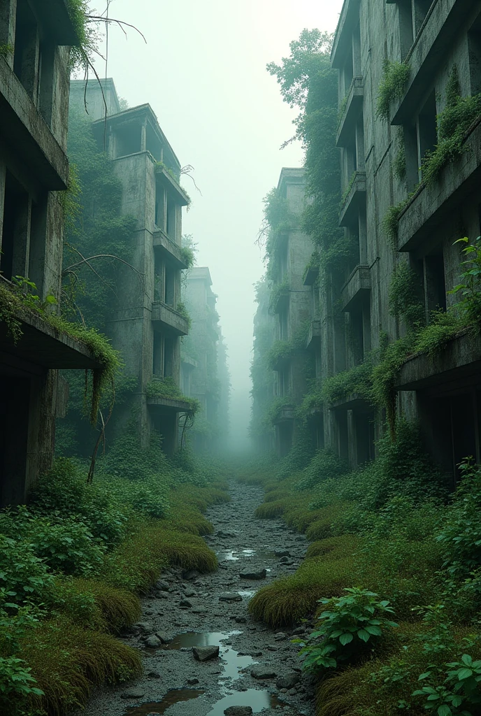 a surreal abandoned ruined decaying dilapidated overgrown city, buildings consumed by nature, Armageddon aftermath, dark moody atmosphere, dramatic lighting, cinematic composition, (best quality,4k,8k,highres,masterpiece:1.2),ultra-detailed,(realistic,photorealistic,photo-realistic:1.37),HDR,UHD,studio lighting,ultra-fine painting,sharp focus,physically-based rendering,extreme detail description,professional,vivid colors,dystopian,post-apocalyptic,cinematic,dramatic,dark,moody