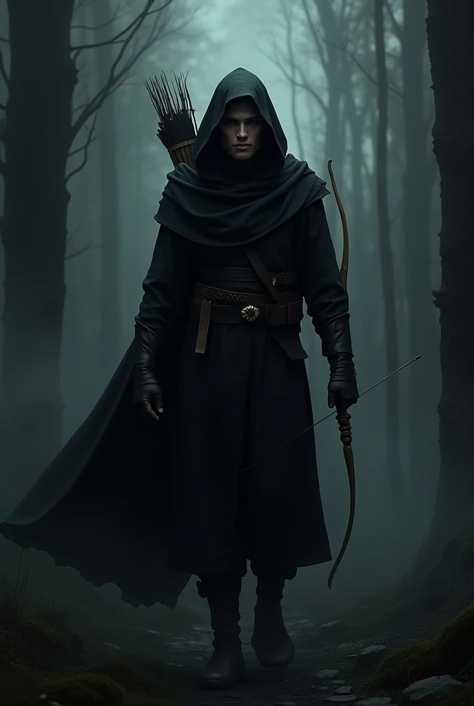 Dark fantasy style, elfo, from the shadows, furtive, adolescent, average height, in black, human traits, archerqueen, adventurous, masculine