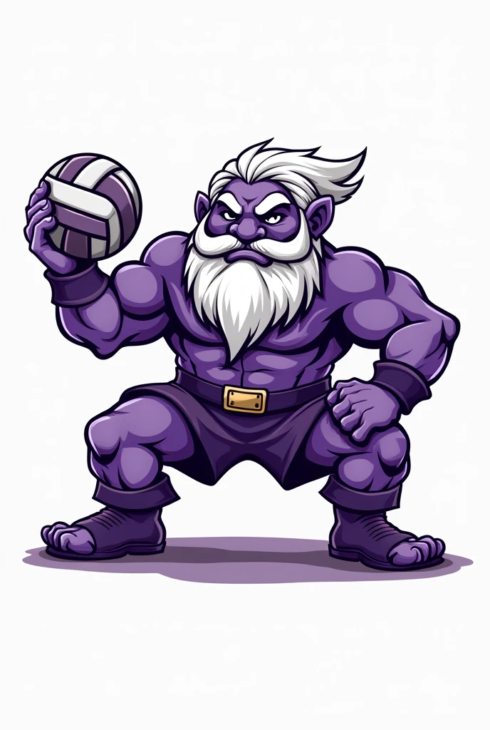 Create a morale boosting logo for my volleyball team using the colors purple and white, make a squatting dwarf with a volleyball in the logo