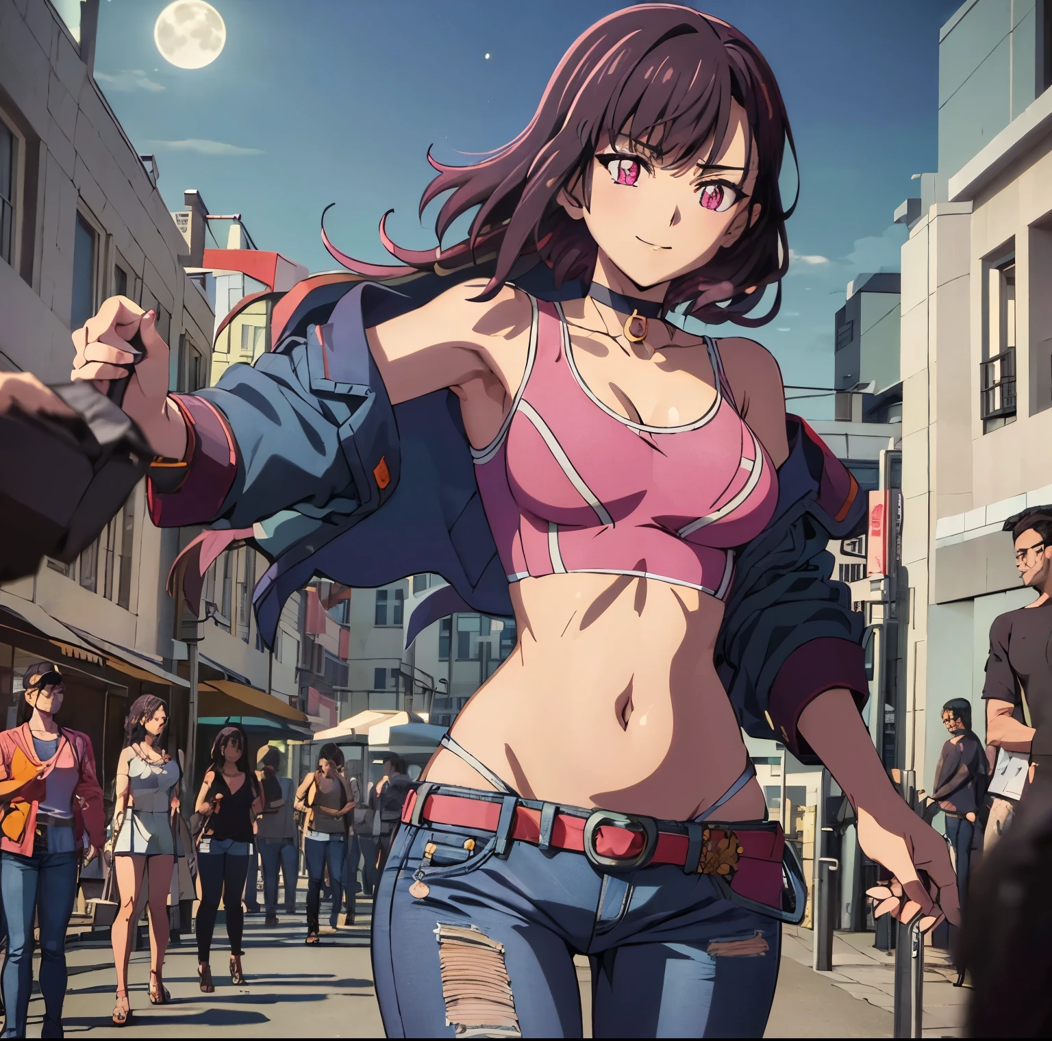 ((1girl)),((alone)),shizuka mikazuki, (zom 100),(masterpiece), (best quality), (ultra detailed), (best illustration), (best shadow), (absurdities), focus sharp, cowboy photo, atmospheric perspective, depth of field, dynamic posture facing viewer, medium breasts, narrow waist, wide hips, wide thighs, round butt, erotic, romantic, (highly detailed eyes, 1.1 lips), highly detailed eyes , eyes, Very detailed face, Very pretty face, Symmetrical face, Aesthetic face, perfect face, perfect eyes, detailed eyelashes: 1.5), full height, beautiful slender figure, femininity, expressive appearance, elastic medium breasts, sexuality, parted lips, short hair, purple hair, hair ornament, hairpin, (pink eyes: 1.5), swept bangs, ((neckline:1.4)), collarbone, jewelry:1.3, ring, ((jeans:1.4)), ( (tight pants:1.3)), bracelet, ((choker:1.3)), jeans, fake nails, pink nails, shirt, ((black camisole:1.4)), ear piercing, ((belt:1.2)), nail polish, beaded bracelet, beads, black choker, hand on hip, curves, defined body, perfect and beautiful body, perfect and beautiful, closed mouth, serious expression, smile, blush, (sexy pose: 1.2), (( alone)), standing: 1.3, ((exterior, streets, city, night, landscape urban,city lights, buildings,moon)), looking forward,((focus on hips:1.4)), point of view:(from middle), perfect anatomy, perfect hands