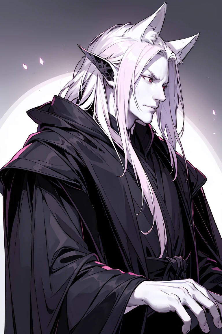 profile, upper body, from, ((masterpiece)), best quality, extremely detailed face, correct exposure, perfect lighting, depth of view, ((black and white chinese robe, overcoat,leather shoes,)), man, man with fox ears, fox tail, pink fox tail and pink ears, shoulder length hair, pink hair, slight smile, closed eyes, closed eyes, relaxed face, young man, sly, slightly creepy, backlight, reddish light