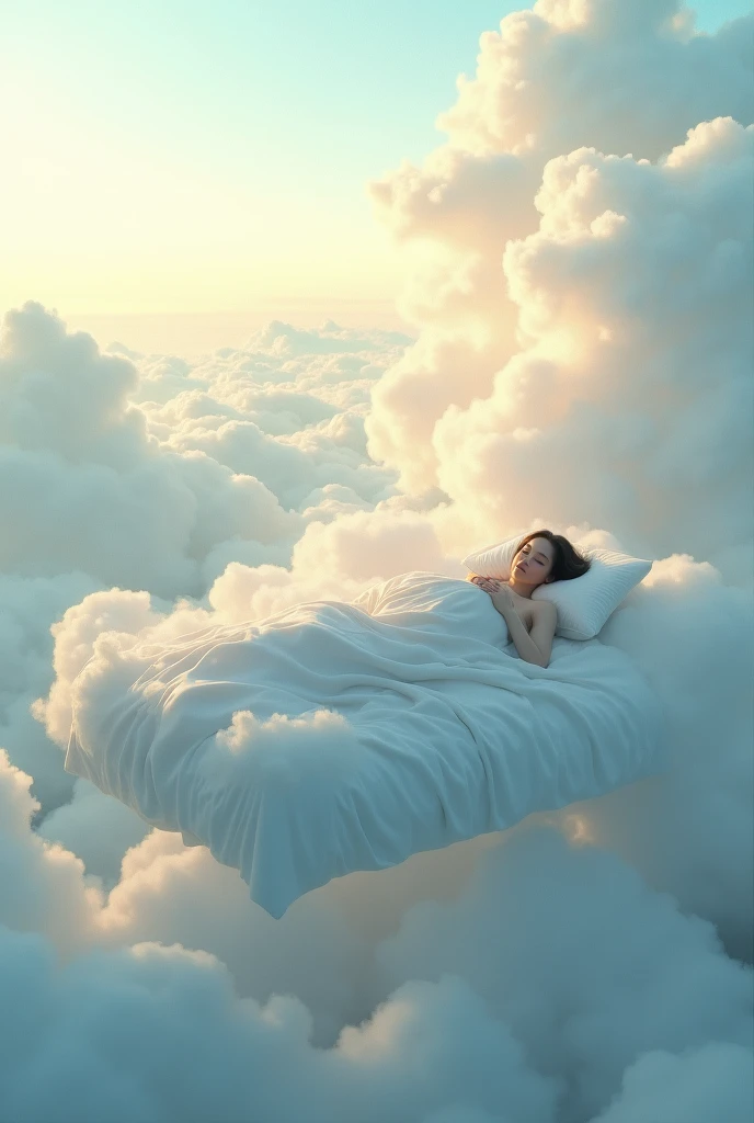 A bed in the clouds, someone lying in this bed