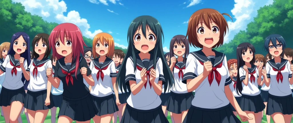 anime girls in white and black schoo uniforms in the background cheering, surprised faces, anime style, various people in the backgroung, looking up front, high school uniforms, anime girls , a cherring crowd, during daylight, blue sky and trees in the background