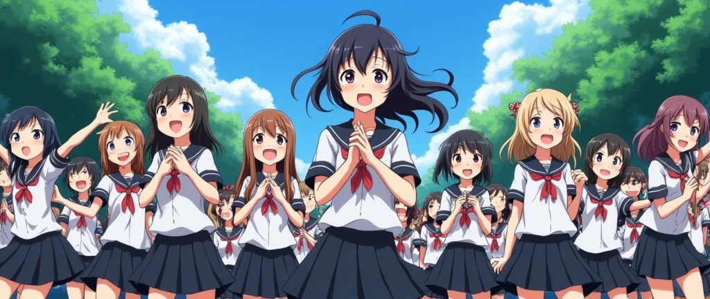 anime girls in white and black schoo uniforms in the background cheering, surprised faces, anime style, various people in the backgroung, looking up front, high school uniforms, anime girls , a cherring crowd, during daylight, blue sky and trees in the background