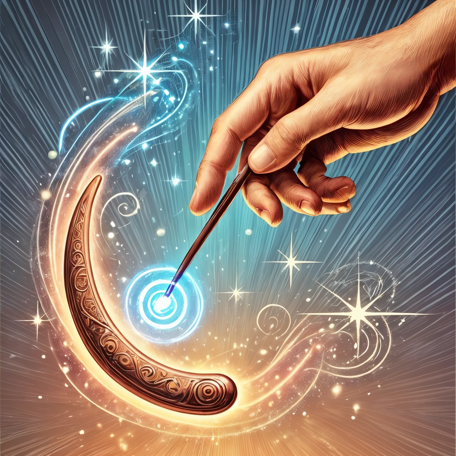 Human hand holding a magic wand and using it to enchant a boomerang