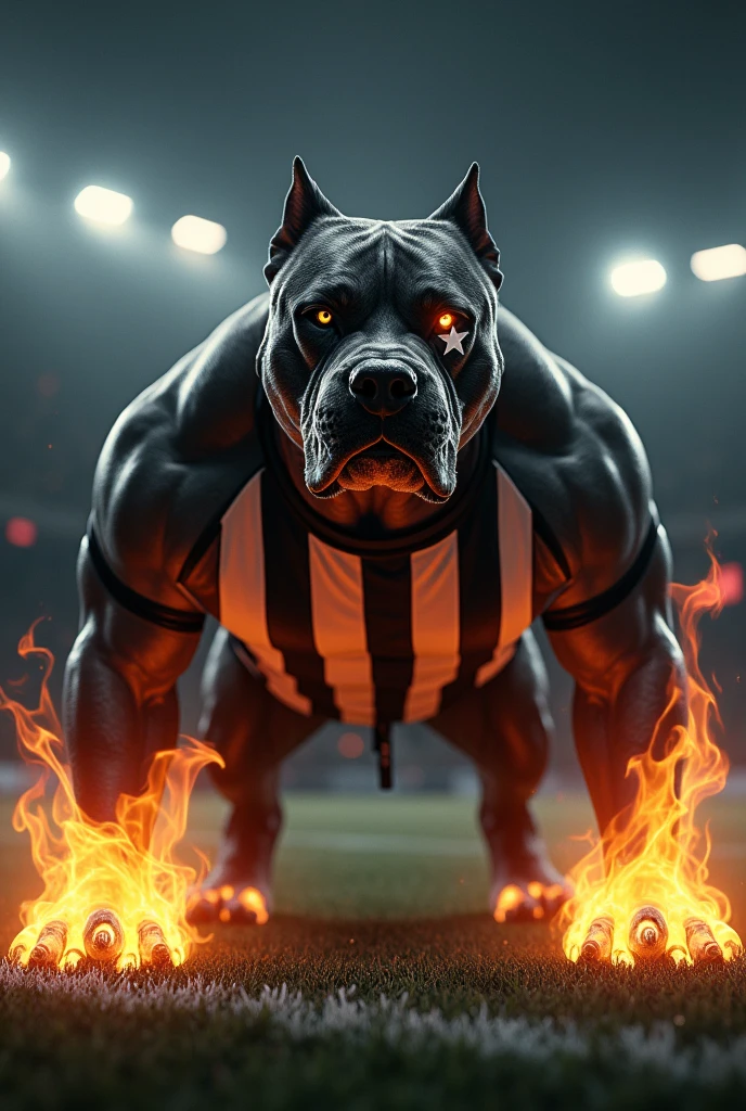 A large dark gray pitbull dog, very strong, standing, brawny,  very angry, around one of the dog&#39;s eyes a white star is tattooed. Fire comes out of one of the dog&#39;s paws. Flames of fire come out from behind the dog. The dog is wearing a shirt with alternating vertical black and white stripes.. Background of a football field at night , Void, grimdark. The pig is scared and crying.