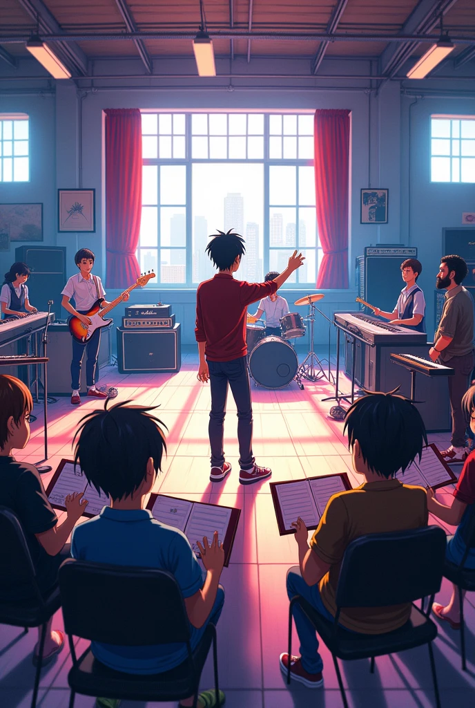A panoramic view of a music rehearsal room with a person directing anime