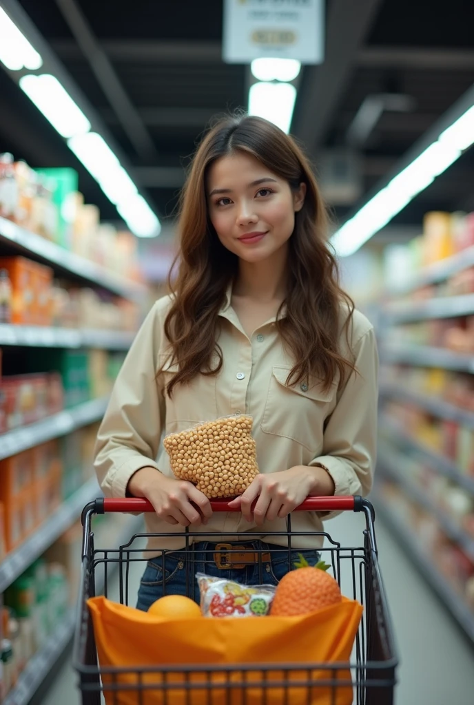 The photo shows a brunette woman standing in the aisle of a supermarket, holding a bag of beans. She is in front of a gondola with various items on display. In the foreground is a shopping cart containing a few items, including what appears to be bread and possibly other groceries.
