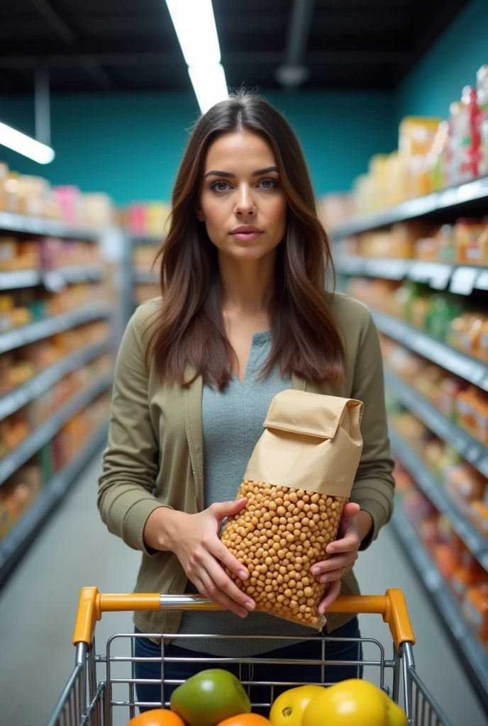 The photo shows a brunette woman standing in the aisle of a supermarket, holding a bag of beans. She is in front of a gondola with various items on display. In the foreground is a shopping cart containing a few items, including what appears to be bread and possibly other groceries.
