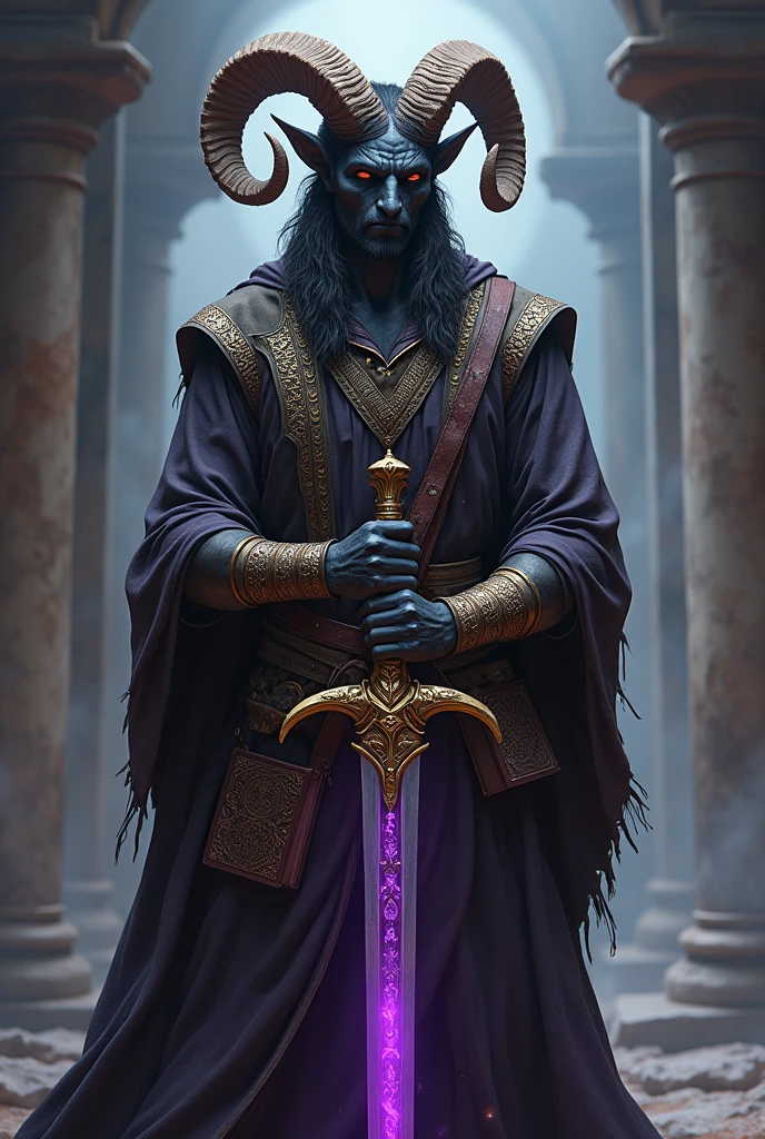 Tiefling male with very curly rams horns, charcoal black skin that look like it’s corrupted him. He has light, dark-colored robes, over a button-less, sleeveless, gold-trimmed jacket. He’s bracing to draw his intricately gold-engraved, curved sword named The Sword of Kas from a similarly designed scabbard on his hip. He also has a purple, glowing shield on his back and The Book of Vile Darkness on his other hip