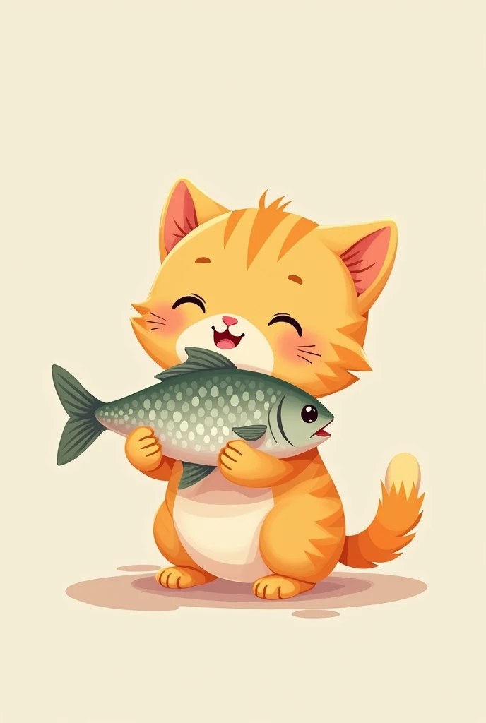 Q version cartoon style，Minimalism，A cute kitten holding a small fish，Very happy