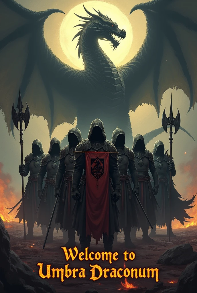 Create me an image with a dark and gloomy tone for a guild cover.
1. Place at the bottom of the image the following text "Welcome to Umbra Draconum". Centered text, first smaller the "Welcome to" and underneath larger and more imposing the text "Umbra Draconum".
2. Place 7 warriors in the style of World of Warcraft or Albion Online, wearing dark clothes and weapons such as axes, swords, ice and fire mage staffs, spears, bows and staffs.
3. The warrior in the center will hold a banner, with a dark yellow flag and a dark red v-shaped line in the middle, and in the center place the logo of a full black dragon. 
4. Place in the background flames coming out from the ground in shades of yellow and red, keeping that dark tone. 
5. From the bottom of everything should emerge the shadow of a very imposing oriental dragon, this dragon should be seen in its entirety above the banner and the 7 warriors.
Do not omit the text, it is very important.
