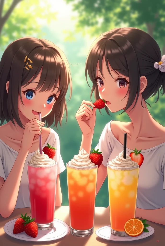 Real girls eating strawberry cream cups and drinking juices