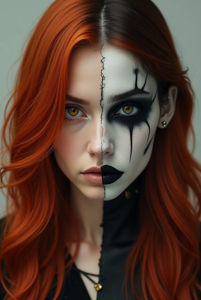 Realistic photo woman with red hair divided into two faces, one serene and the other evil 