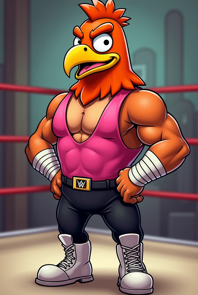 Cartoon hawk dressed like WWE wrestler Jim the anvil neidhart. Cartoon hawk head. Cartoon hawk body. Cartoon hawk hands
Orange buzzcut hair. Orange triangle shaped beard. White wrist tape. Pink singlet. Black pants. White wrestling boots