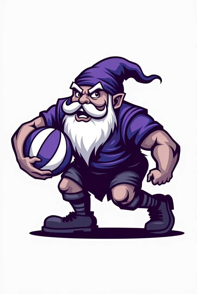 Create a morale boosting logo for my volleyball team using the colors purple and white, make a crouching dwarf, but without showing him too much with a volleyball in the logo
