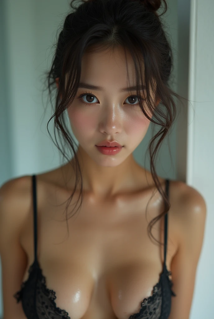 (Best quality, 8k, 32k, Masterpiece, UHD:1.2), NSFW, Korean girl, seductive face, sweating, wet dress, no bra, indoor, shower, front lit, well-lit face, sexy pose, horny looking