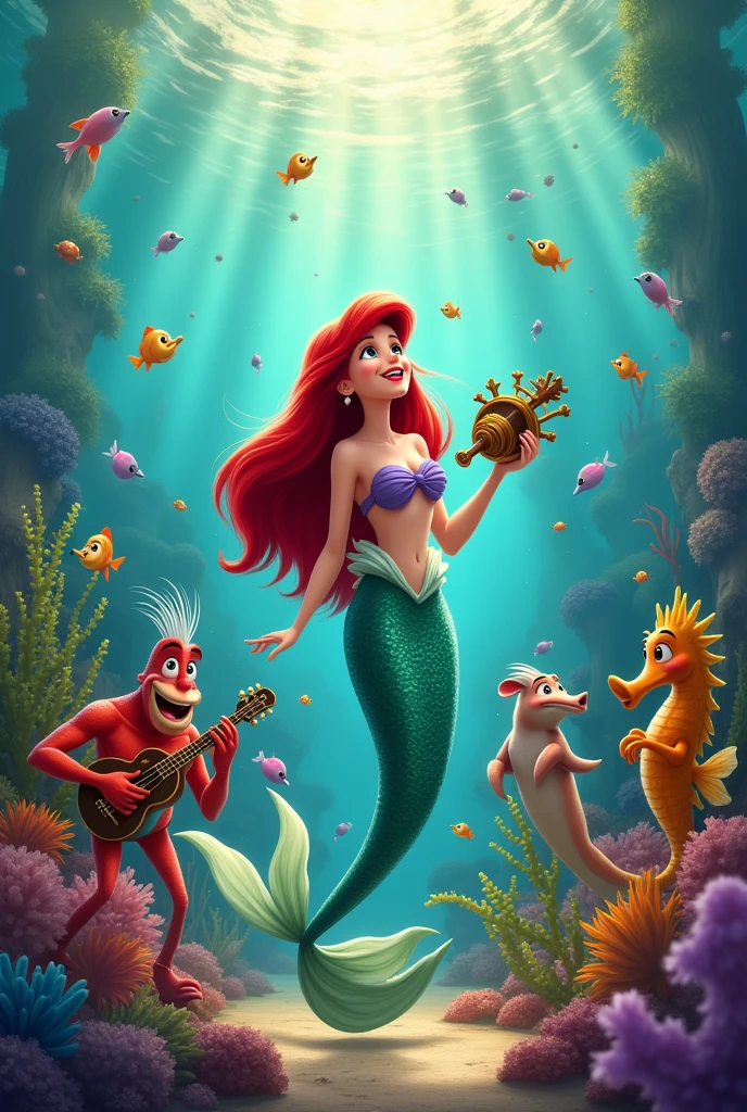 Image of Ariel the little mermaid with all the characters from the movie, with pink and blue tones and with the words Laura Kathalina