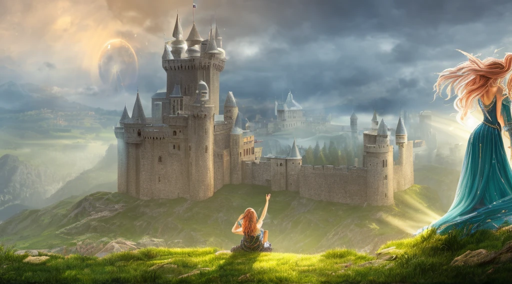 stunning young princess, medieval castle tower, flowing hair, elegant dress, crown, magical atmosphere, dramatic lighting, cinematic composition, mist, atmospheric fantasy, intricate details, highly detailed, photorealistic, 8k, masterpiece, dramatic colors, warm lighting