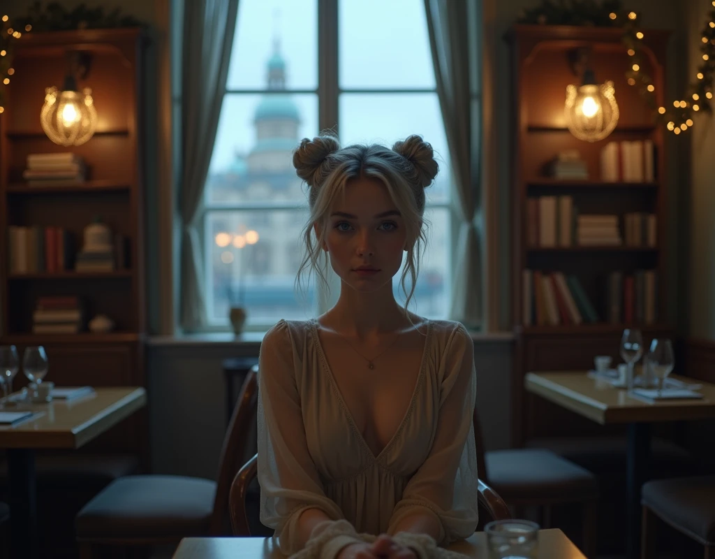 Beautiful girl with fair skin, 20 years, light gray hair gathered into two buns, Blue eyes, sits elegantly in a cozy coffee shop, coffee shop in dark tones, a coffee shop with soft chairs and cabinets with books and garlands,  Sits up straight, Look directly into the camera, in the background there is a large window with a view of St. Petersburg, Really, Photo, 4K, dark atmosphere 