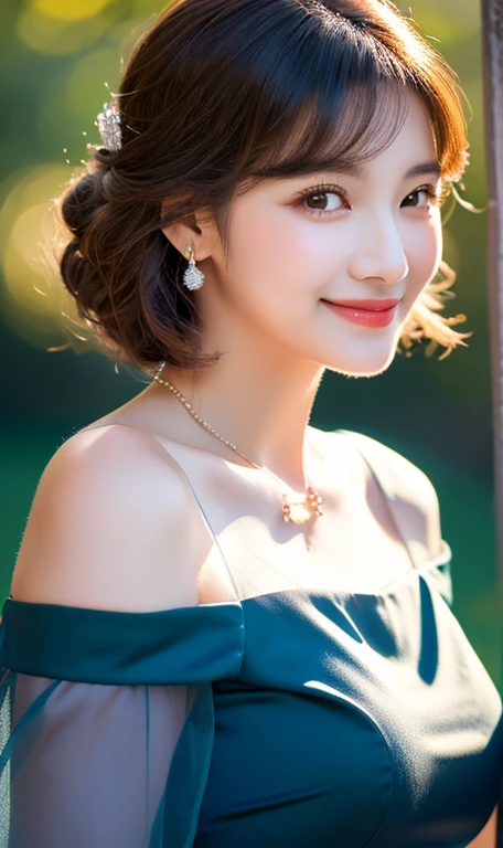 (A gorgeous lady, Korean, Japanese, Cute girl, fashion idol, short bob hair, wavy brown hair, ponytail, kind smile, beautiful detailed eyes, ((beautiful detailed face)), long eyelashes, beautiful detailed lip, dimpled cheeks, ample round bosom, natural pose, hands on hip, romantic night,

light off-the-shoulder, blue gown, floral lace, detailed bodice, sleeves, sweetheart neckline, sheer tulle-like fabric, delicate necklace, symmetrical design, elegant tiara,

 masterpiece, photo-realistic, ultra-detailed, 8k, high resolution, portrait illustration, natural colors, bokeh, cowboy_shot, serene ambience, snowy outdoor, trees, SFW, safe for work)

 