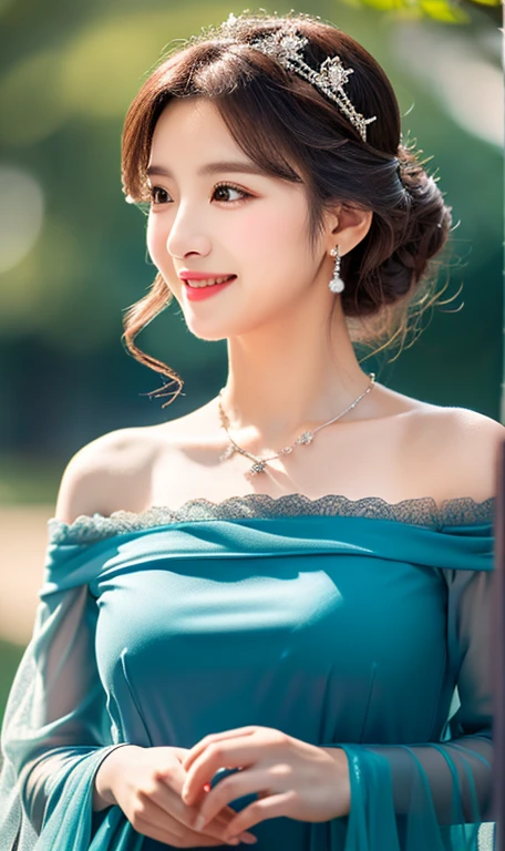 (A gorgeous lady, Korean, Japanese, Cute girl, fashion idol, short bob hair, wavy brown hair, ponytail, kind smile, beautiful detailed eyes, ((beautiful detailed face)), long eyelashes, beautiful detailed lip, dimpled cheeks, ample round bosom, natural pose, hands on hip, romantic night,

light off-the-shoulder, blue gown, floral lace, detailed bodice, sleeves, sweetheart neckline, sheer tulle-like fabric, delicate necklace, symmetrical design, elegant tiara,

 masterpiece, photo-realistic, ultra-detailed, 8k, high resolution, portrait illustration, natural colors, bokeh, cowboy_shot, serene ambience, snowy outdoor, trees, SFW, safe for work)

 