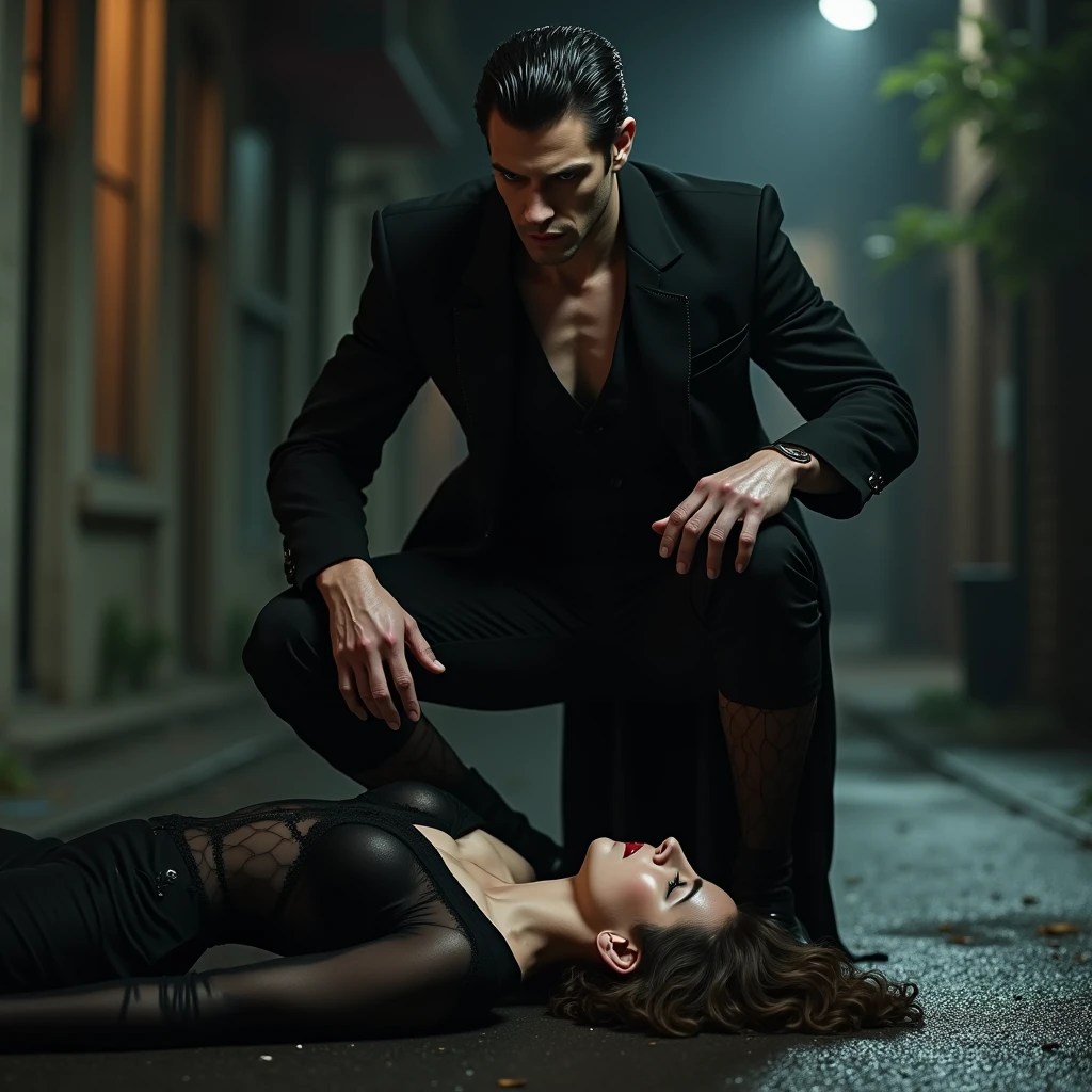 realistic photo a 40 year old hot male vampire, fit body, wearing tight suit and sheer transparent black socks, big bulge, sweaty, placing his bare feet on the face of a lying woman in the street
