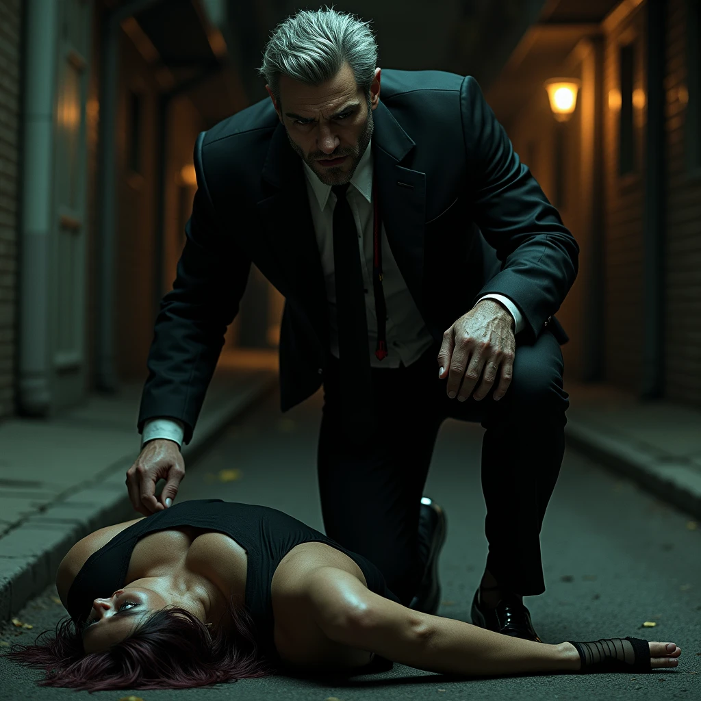 realistic photo a 40 year old hot male vampire, fit body, wearing tight suit and sheer transparent black socks, big bulge, sweaty, stomping his feet on the face of a lying woman in the street