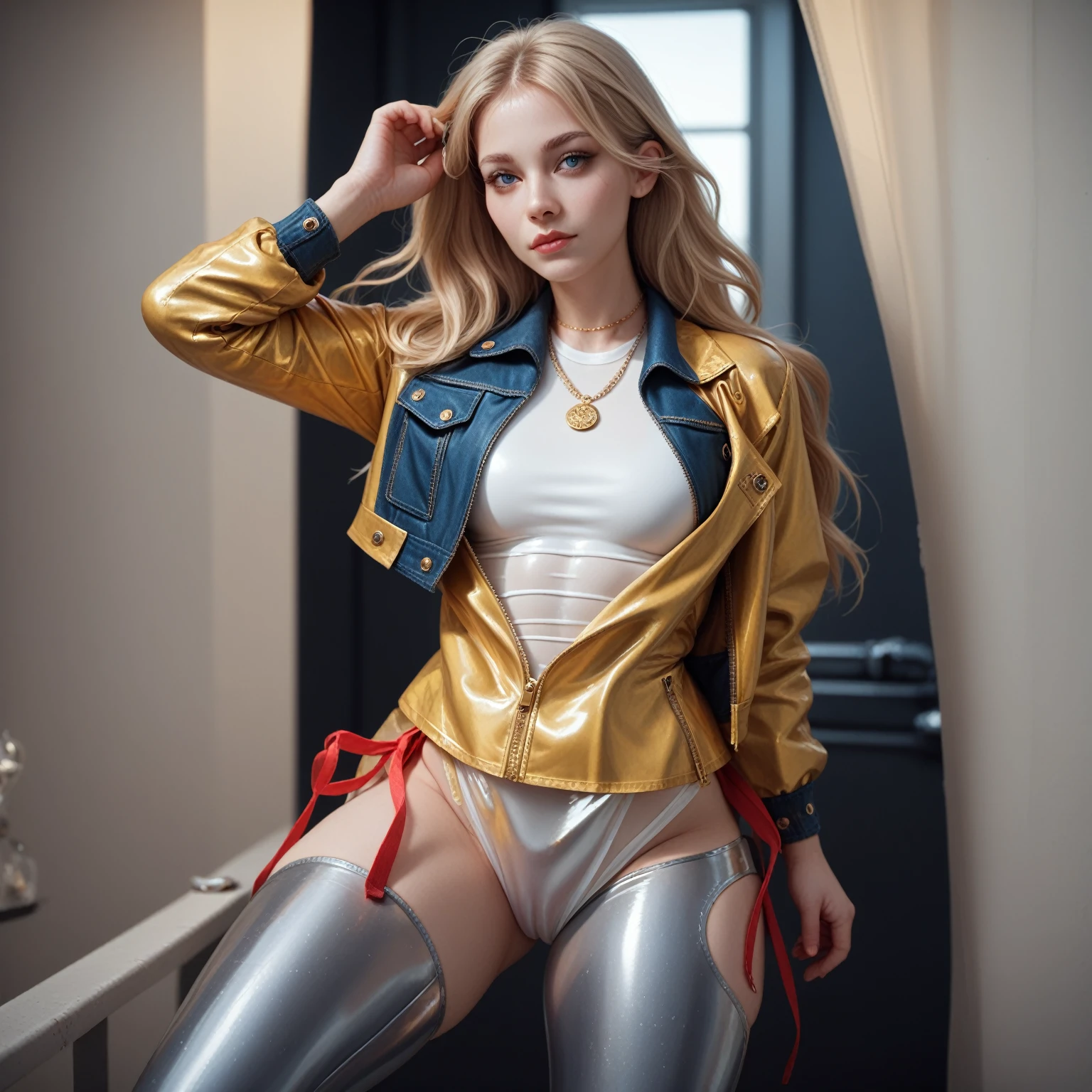 remake latex satin jumpsuit gold armor cloth pure translucent white plastic iron and white bikini latex yellow gold iron