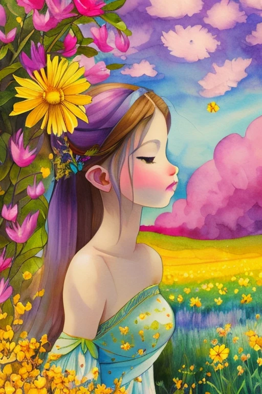 in a whimsical scene, a young girl with yellow eyes, blue lips, pink hair, yellow flowers, yellow rose, autumn rose, autumn rose, wistful daisy, a mystical twist, and a ethereal tulip, stand in front of a blank canvas. The background is filled with vibrant colors, reminiscent of a watercolor painting and a delicate watercolor masterpiece. The scene is set in a tranquil meadow, surrounded by wildflowers and wildflowers, creating a surreal and fantastical atmosphere.