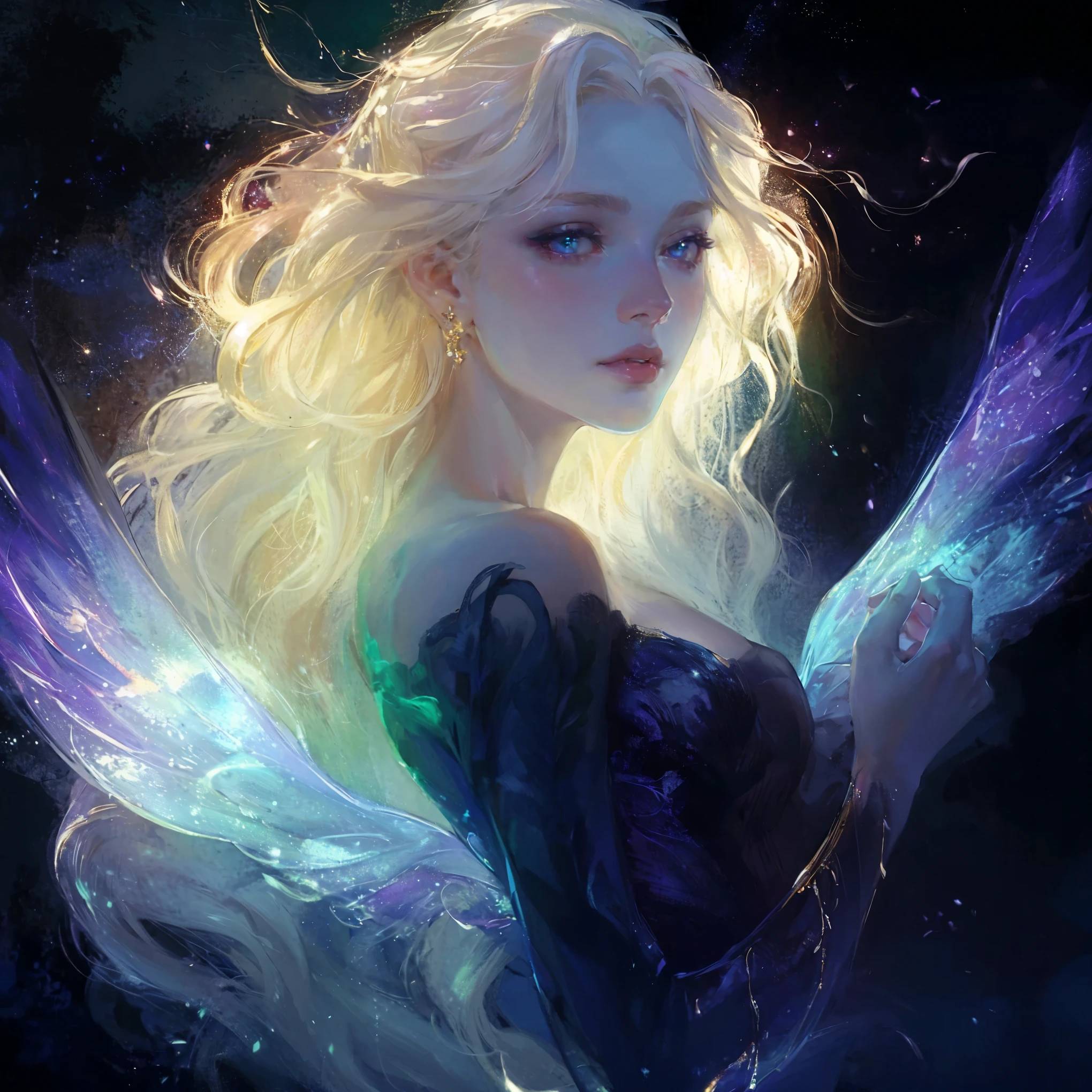 1girl, solo, beautiful detailed eyes, beautifully detailed lips, pale skin, delicate features, porcelain-like complexion, elegant pose, graceful posture, ethereal beauty, light atmosphere, soft and subtle lighting, delicate, fine brushstrokes, realistic rendering, vibrant colors, dreamlike ambiance, soft painting style, a sense of tranquility, a masterpiece capturing the essence of purity and grace, gorgeous breasts, cleavage, sexy, ((aesthetic soft painting background)), (Style by NTY), sexy, ((rainbow glowing specks on the skin)), ((wet skin)), mascara, eyelashes, glitter on her face, sexy lips, nice contrast, light particles, soft lighting, volumetric lighting, finely detailed, ((big breasts)), (((looking at the viewer))), extremely beautiful eyes, Extremely detailed eyes, light-colored eyes, post-Impressionist, rich gradient, extreme colors, extreme details, clear light perception, a fantasy or mythical character, elegant, anime-inspired, delicate features, long white hair, soft lighting, gentle shadows, pastel palette, graceful pose, refined attire, serene mood, romantic, ethereal atmosphere, detailed rendering, contemporary illustration style, subtle highlights, fantastical, ethereal figure
